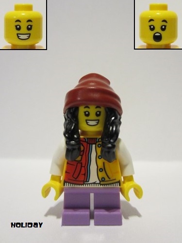 lego 2023 mini figurine hol308 Child Girl Red and Bright Light Yellow Jacket, Medium Lavender Short Legs, Dark Red Stocking Cap, Black Hair 