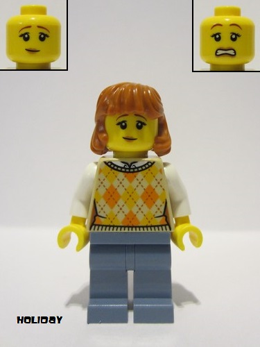 lego 2023 mini figurine hol311 Woman Tan Sweater with Orange Diamonds, Sand Blue Legs, Dark Orange Hair 