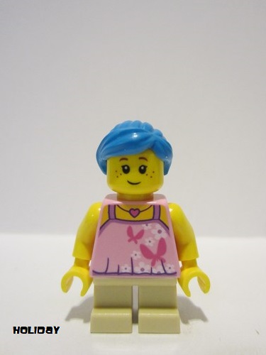 lego 2023 mini figurine hol324 Girl Bright Pink Top with Butterflies and Flowers, Tan Short Legs, Dark Azure Hair 