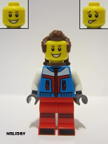 lego 2023 mini figurine hol330 Tourist Male, Dark Azure Jacket, Red Legs, Reddish Brown Backpack and Hair with Sideburns 