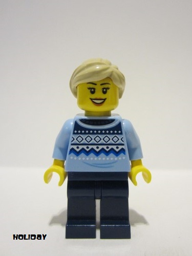 lego 2023 mini figurine hol331 Market Vendor Female, Bright Light Blue Knit Fair Isle Sweater, Dark Blue Legs, Tan Hair Ponytail 