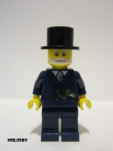 lego 2023 mini figurine hol335 Carriage Driver Male, Dark Blue Suit, Gold Chain and Watch, White Beard and Moustache, Black Top Hat 