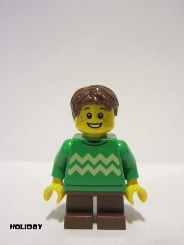 lego 2023 mini figurine hol351 Child Boy, Bright Green Sweater with Bright Light Yellow Zigzag Lines, Reddish Brown Short Legs and Hair Tousled with Side Part, Freckles 