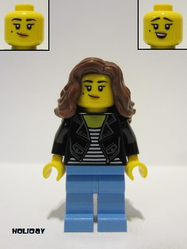 lego 2024 mini figurine hol336 Woman Black Jacket over Striped Shirt, Medium Blue Legs, Reddish Brown Long Hair 