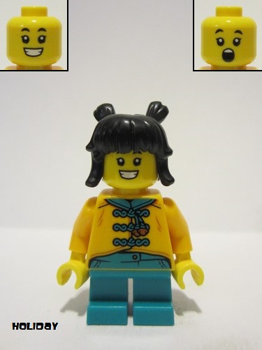lego 2024 mini figurine hol339 Child Girl, Bright Light Orange Tang Jacket, Dark Turquoise Short Legs, Black Hair with Buns 