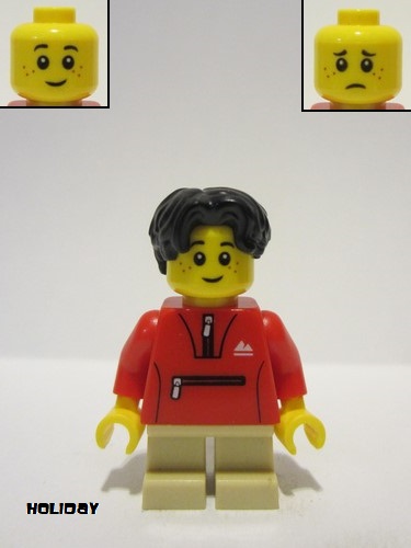 lego 2024 mini figurine hol342 Child Boy, Red Tracksuit Jacket, Tan Short Legs, Black Hair 