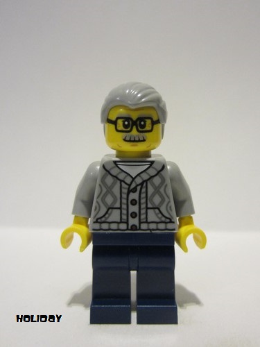 lego 2024 mini figurine hol344 Man Light Bluish Gray Knit Cable Cardigan Sweater, Dark Blue Legs, Light Bluish Gray Hair, Glasses 