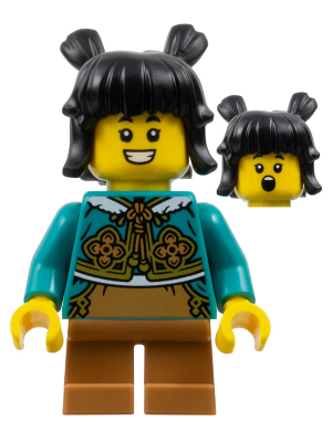 lego 2025 mini figurine hol371 Child Girl, Dark Turquoise Cheongsam Bolero Shrug, Medium Nougat Short Legs, Black Hair with Buns 