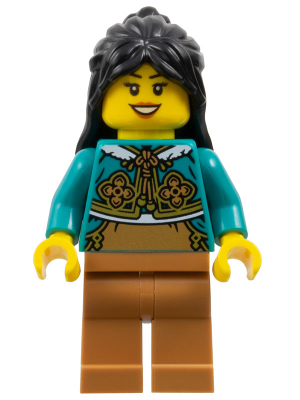 lego 2025 mini figurine hol373 Woman Black Long Hair, Dark Turquoise Cheongsam Bolero Shrug, Medium Nougat Legs 