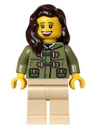 lego 2025 mini figurine hol377 Holiday Express Train Passenger Female, Olive Green Jacket, Tan Legs, Dark Brown Hair 