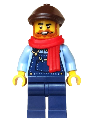 lego 2025 mini figurine hol379 Holiday Express Train Driver Dark Blue Overalls, Dark Brown Flat Cap, Red Scarf 