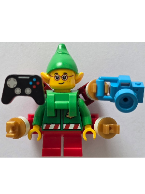 lego 2025 mini figurine hol385a Elf Green Jacket with Christmas Trees, Bright Green Neck Bracket with Robot Arms and Utensils 
