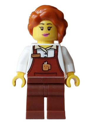 lego 2025 mini figurine hol394 Barista Hot Chocolate Stand Female, Reddish Brown Apron with Cup and Name Tag, Reddish Brown Legs, Dark Orange Hair with Braid 