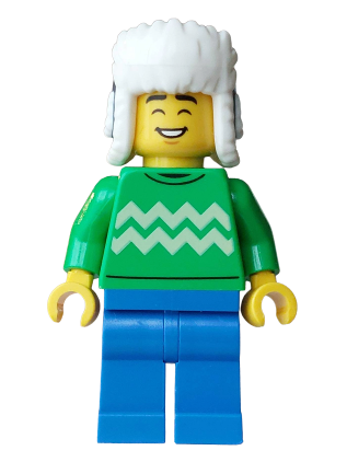 lego 2025 mini figurine hol395 Customer Hot Chocolate Stand Male, Bright Green Sweater with Bright Light Yellow Zigzag Lines, Blue Legs, Dark Blue Ushanka Hat 