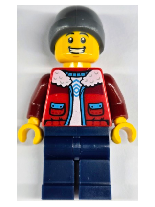lego 2025 mini figurine hol403 Ice Skater Male, Red Jacket over White Shirt, Dark Blue Legs, Dark Bluish Gray Beanie 
