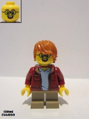 lego 2019 mini figurine idea055 Boy Glasses, Dark Red Jacket, Dark Orange Hair Tousled with Side Part 