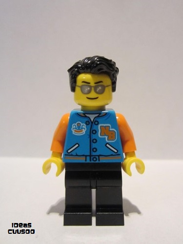 lego 2021 mini figurine idea080 Man Dark Azure Letter Jacket, Black Legs, Black Hair 
