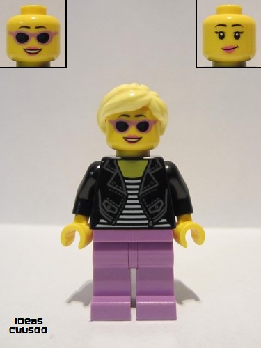 lego 2021 mini figurine idea081 Woman Black Leather Jacket, Medium Lavender Legs, Bright Light Yellow Hair 