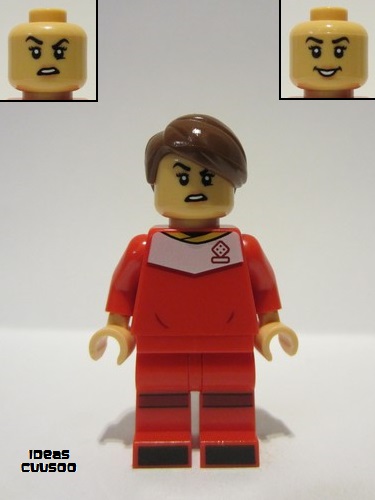 lego 2022 mini figurine idea125 Soccer Player Female, Red Uniform, Medium Tan Skin, Reddish Brown Smooth Parted Hair 