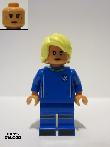 lego 2022 mini figurine idea134 Soccer Player Female, Blue Uniform, Nougat Skin, Bright Light Yellow Hair 