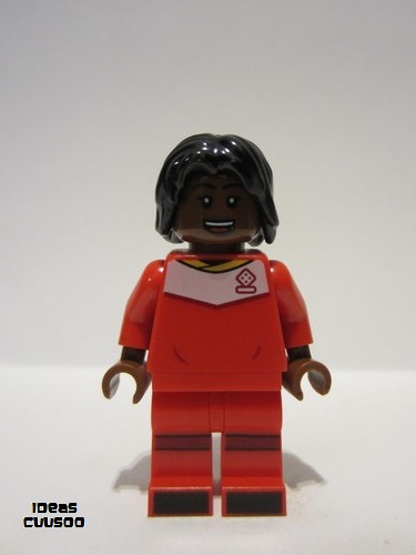 lego 2022 mini figurine idea135 Soccer Player Female, Red Uniform, Reddish Brown Skin, Black Hair 