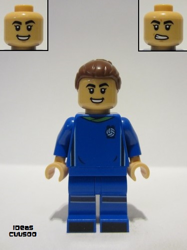lego 2022 mini figurine idea136 Soccer Player Female, Blue Uniform, Medium Tan Skin, Reddish Brown Bun 