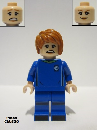 lego 2022 mini figurine idea142 Soccer Player Female, Blue Uniform, Light Nougat Skin, Dark Orange Side Bangs 