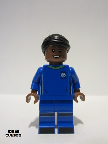 lego 2022 mini figurine idea144 Soccer Player Female, Blue Uniform, Medium Brown Skin, Black Hair, Hearing Aid 