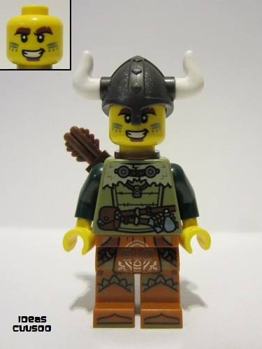 lego 2023 mini figurine idea168 Viking Archer Male, Olive Green Tunic, Dark Orange Legs with Loincloth, Pearl Dark Gray Helmet, Quiver 