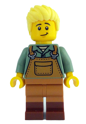 lego 2024 mini figurine idea203 Gardener Male, Medium Nougat Overalls over Sand Green Shirt, Reddish Brown Boots, Bright Light Yellow Hair 