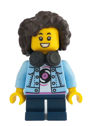 lego 2024 mini figurine idea204 Child Girl, Bright Light Blue Denim Jacket, Dark Blue Short Legs, Headphones, Dark Brown Hair 