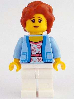 lego 2024 mini figurine idea206 Woman Bright Light Blue Jacket over White Shirt with Coral Flowers, White Legs, Dark Orange Hair with Braid 