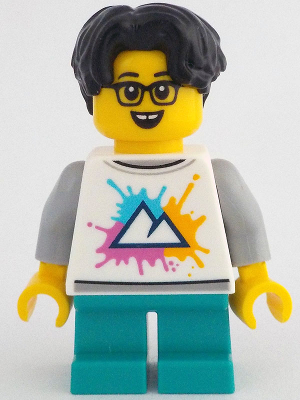 lego 2024 mini figurine idea207 Child Boy, White Shirt with Mountains Logo, Dark Turquoise Short Legs, Black Hair Wavy, Glasses 