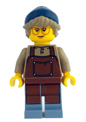 lego 2024 mini figurine idea208 Barista Female, Reddish Brown Apron, Dark Blue Beanie, Darkt Tan Hair, Glasses 