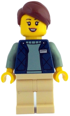 lego 2024 mini figurine idea209 Botanical Garden Manager Female, Dark Blue Bodywarmer over Sand Green Sweater, Tan Legs, Reddish Brown Hair 