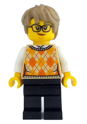 lego 2024 mini figurine idea210 Woman Tan Knit Argyle Sweater Vest, Black Legs, Dark Tan Thick Messy Hair, Glasses 