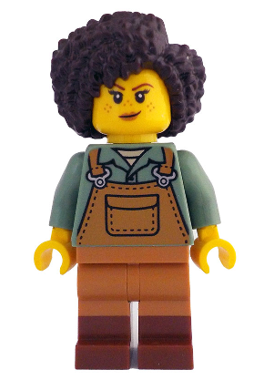 lego 2024 mini figurine idea212 Gardener Female, Medium Nougat Overalls over Sand Green Shirt, Reddish Brown Boots, Dark Brown Hair 