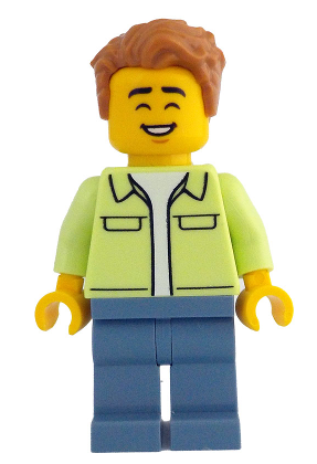 lego 2024 mini figurine idea213 Man Yellowish Green Jacket over White Shirt, Sand Blue Legs, Medium Nougat Tousled Hair 