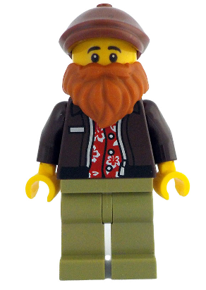 lego 2024 mini figurine idea214 Photographer Male, Dark Brown Jacket over Red Shirt, Olive Green Legs, Reddish Brown Cap, Dark Orange Beard 