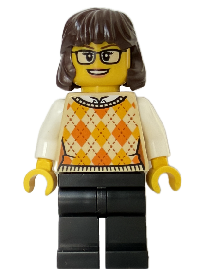 lego 2024 mini figurine idea215 Woman Tan Knit Argyle Sweater Vest, Black Legs, Dark Brown Hair, Glasses 