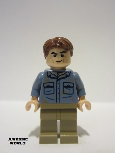 lego 2023 mini figurine jw111 Dr. Alan Grant Sand Blue Shirt with Pockets and Dirt Stains, Reddish Brown Hair 
