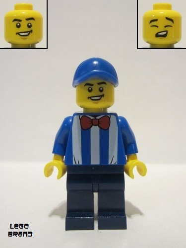 lego 2020 mini figurine gen160 Newsstand Worker Blue Cap, Striped Shirt, Red Bow Tie 
