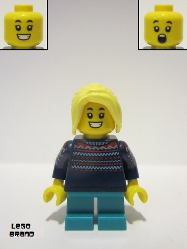 lego 2020 mini figurine hol238 Girl Dark Blue Knit Sweater, Dark Turquoise Short Legs, Bright Light Yellow Hair 