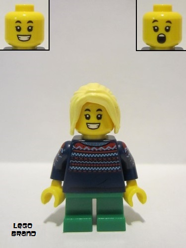 lego 2020 mini figurine hol238a Girl Dark Blue Knit Sweater, Green Short Legs, Bright Light Yellow Hair 