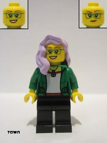 lego 2021 mini figurine gen159 Woman Green Jacket, Lavender Hair 
