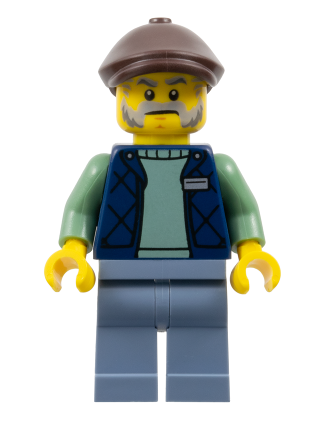 lego 2025 mini figurine gen190 Corner Kiosk Vendor Dark Blue Bodywarmer over Sand Green Sweater, Sand Blue Legs, Dark Brown Flat Cap 