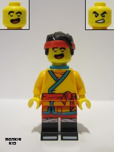 lego 2023 mini figurine mk113 Monkie Kid Bright Light Orange Robe, Dark Turquoise Neck Bracket and Clip, Fierce / Happy 