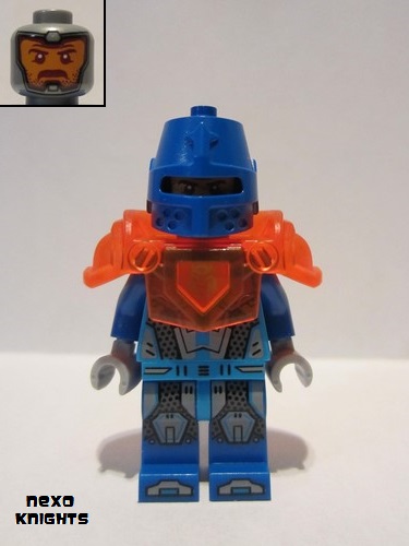 lego 2017 mini figurine nex111 Nexo Knight Soldier Trans-Neon Orange Armor, Blue Helmet With Eye Slit, Clip on Back 