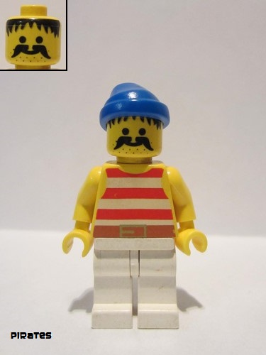 lego 1989 mini figurine pi042 Pirate Red / White Stripes Shirt, White Legs, Blue Bandana 