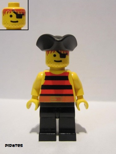 lego 1992 mini figurine pi025 Pirate Red / Black Stripes Shirt, Black Legs, Black Pirate Triangle Hat 